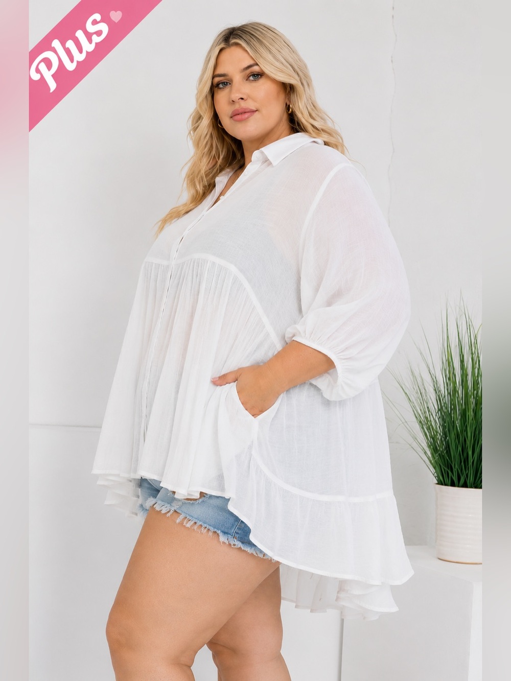 Plus Size White Peasant Tunic Top - Lightweight Button-Front - 734-737